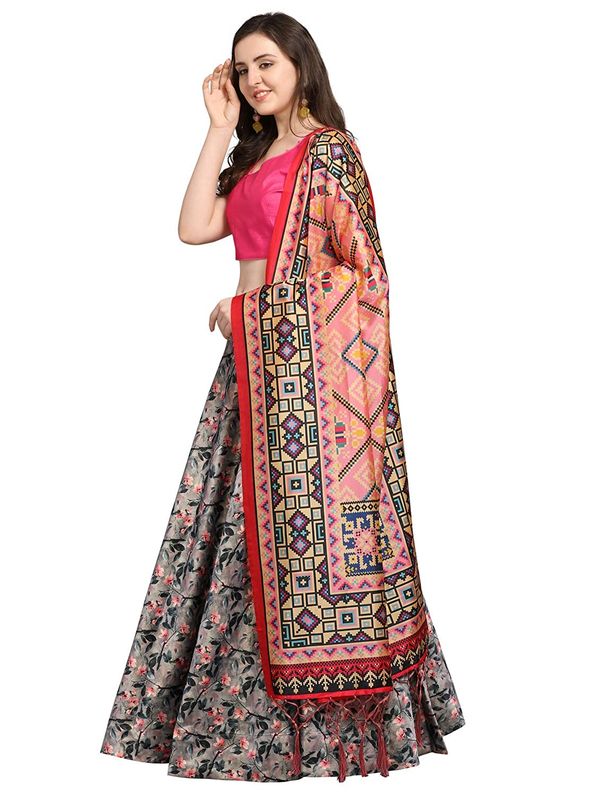 Bandhni Patola Type Digital Print Shiney Satin Croptop Lehenga Choli With Blouse For Women and Girls
