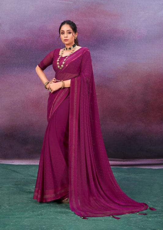 Pansy Purple Wevon Patta Designer With Swarovski Work Chiffon Saree