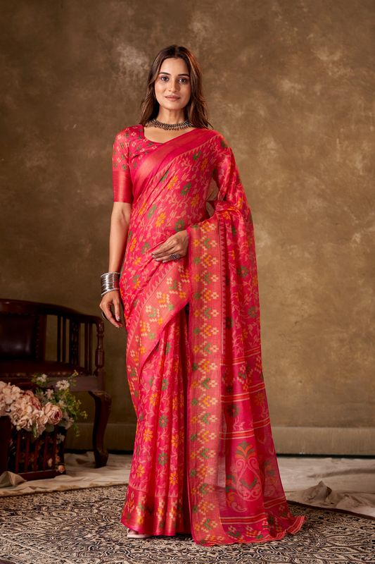 Pink Cotton Printed Saree and Stitched Pink Blouse