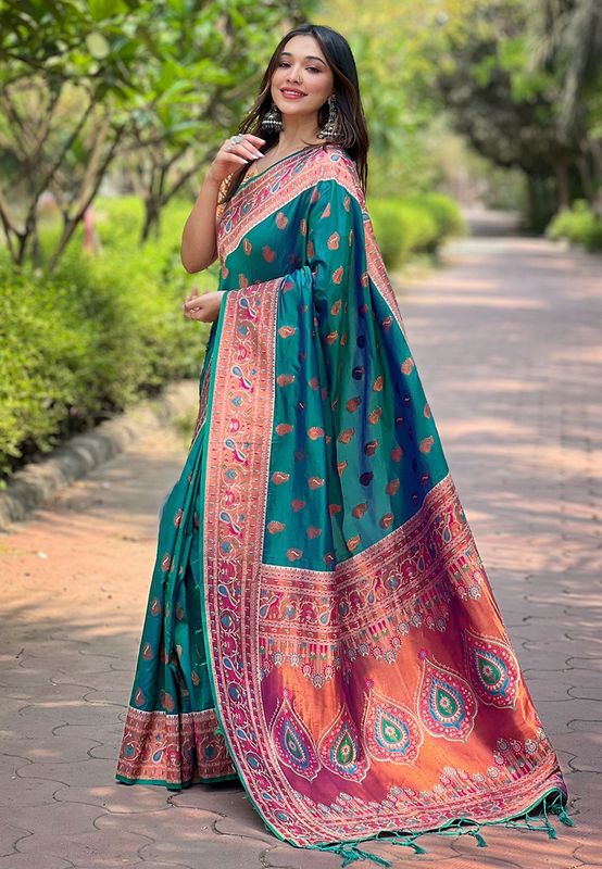 Green Paithani Silk Wevon Paithani Designer Glamorous Ceremonial Rich Saree