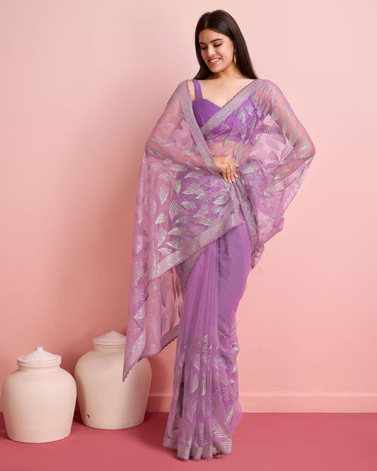 Purple Sequance Embroidery Work Soft Net Saree