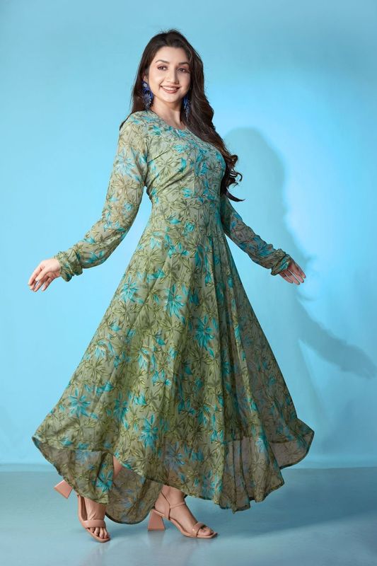 Green Georgette Designer Printed Graceful Partyweaar Gown With Dupatta