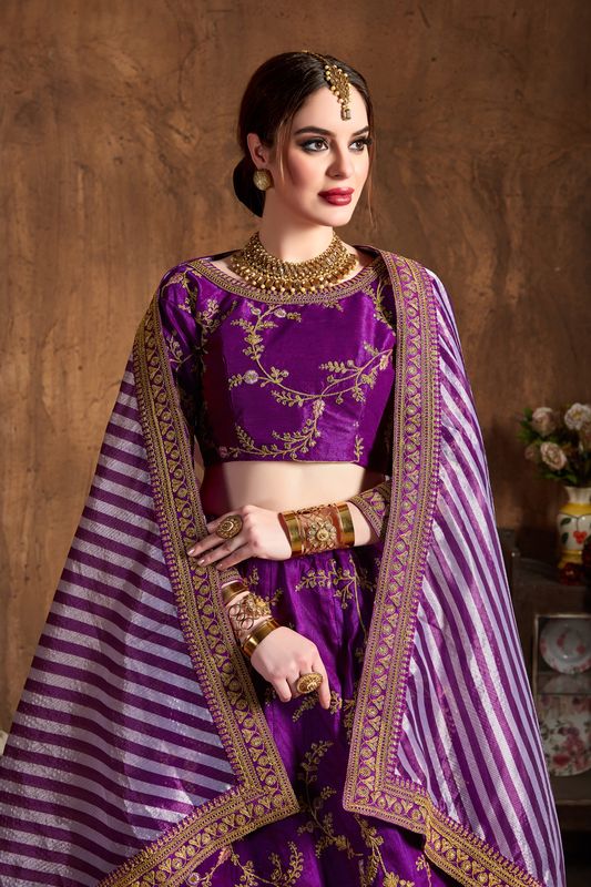 Purple Women's Mulberry Silk Embroidery Lehenga Choli