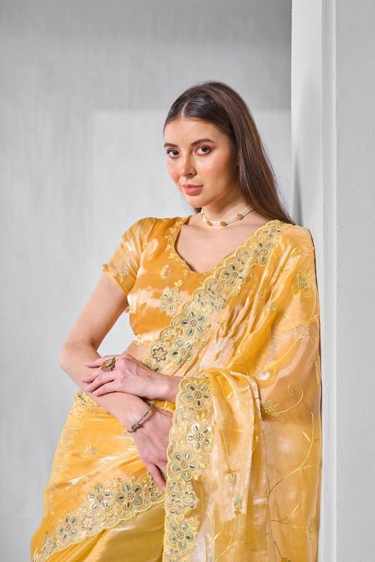 Yellow Designer Embroidery Work Burburry Saree