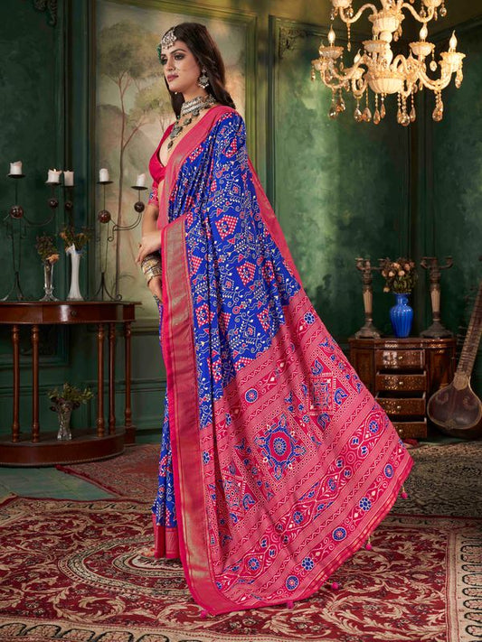 Indigo Blue Tussar Silk Wevon Designer With Ikkat Printed Traditional Saree