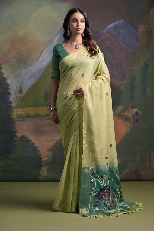 Pista Resham And Zari Weaving Muga Silk Saree