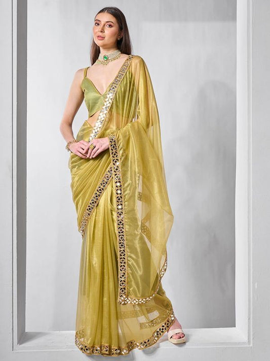 Green Color Gold Tissue Net Solid Texture Saree With Graceful Gold Cotted