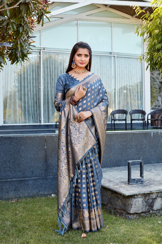 Grey Heavy Jacquard Weving Designer Satin Silk Saree