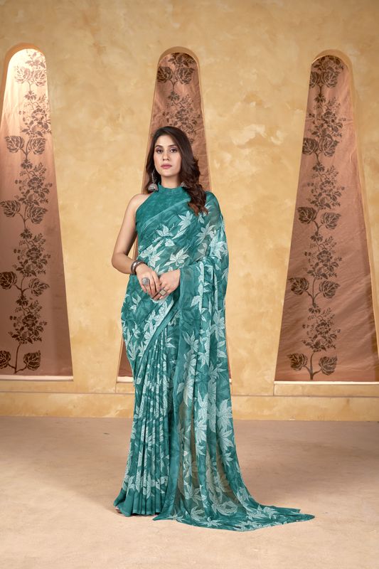 Sea Green Designer Printed Weight Less Saree