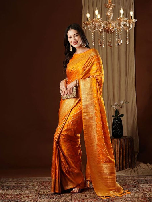 Yellow Wevon Jacquard Designer Satin Silk Saree