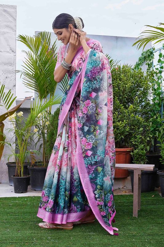 Pink Color Beautiful Fashinove Looks Smart Printed Linen Blend Saree