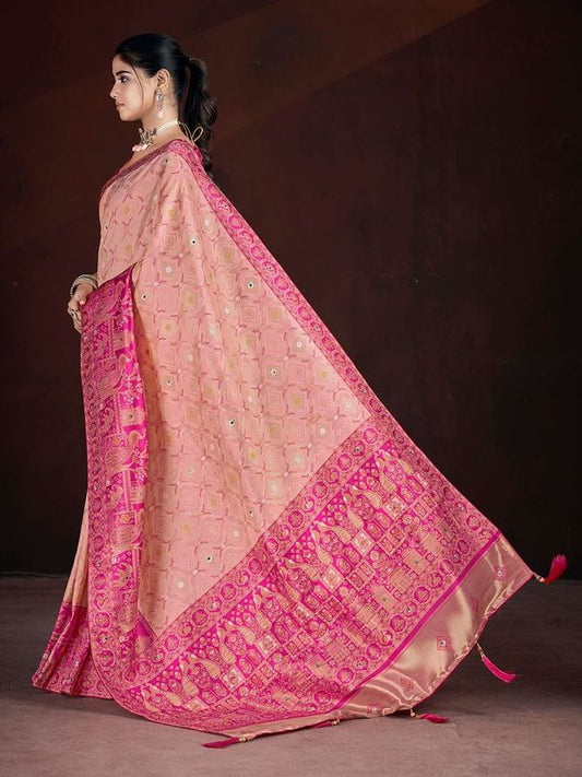 Pink Weaving Jari & Multi Thread Work & Motif & Crystal Hand Work Banarasi Silk Saree