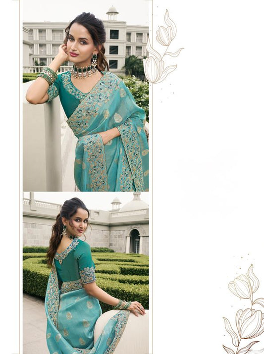 Sky Blue Wevon Jacquard Designer Embroidery Work Viscose Tissue Saree