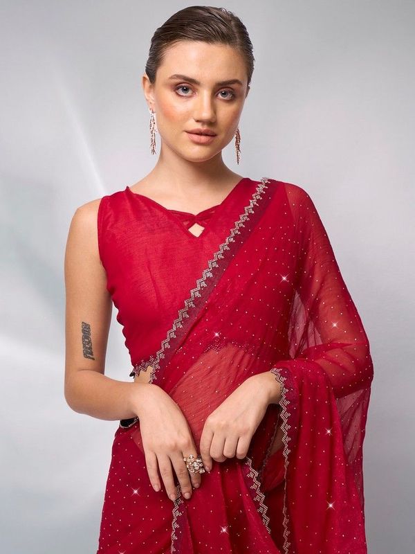 Red Color Moss Fabric Swarovski  Designer Graceful Bollywood Style Party Saree