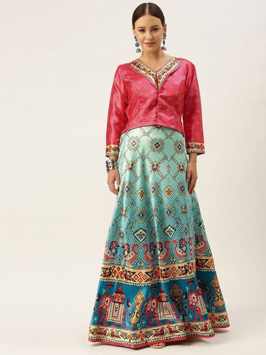 Ethnic Motifs Digital Print Shiney Satin Croptop Lehenga Choli With Blouse For Women and Girls