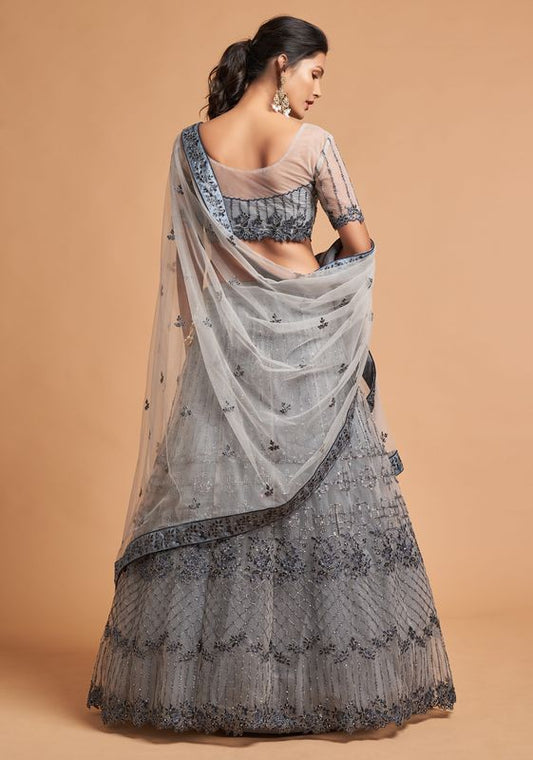 Grey Women's Soft Net Embroidery Lehenga Choli