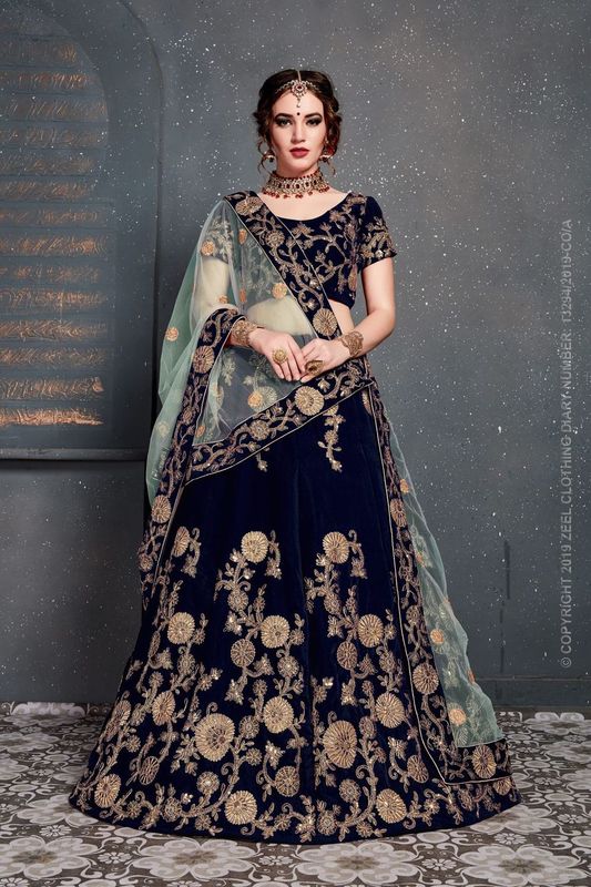 Navy Blue Women's Velvet Embroidery Lehenga Choli