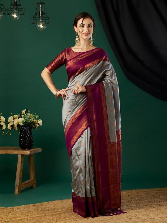 Grey Banarasi Silk Woven Saree With Tassels on Pallu and Stitched Rani Blouse