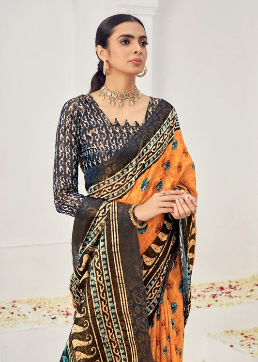 Mustard Wevon Jari Designer & Digital Printed Natural Viscose Saree