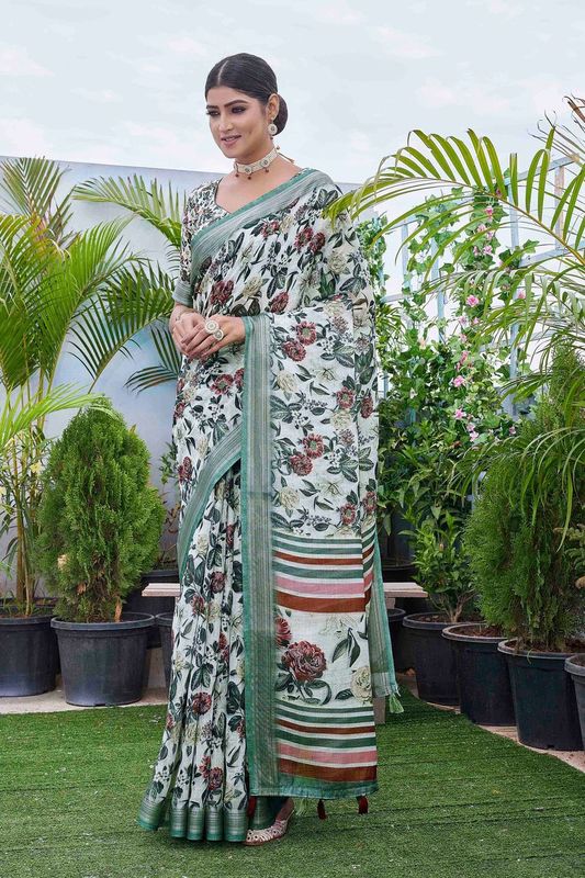 Green Color Linen Blend Smart Ethnic Saree With Trendy Digital Print Work