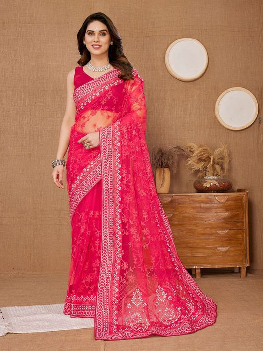 Pink Designer Thread Embroidery Work Soft Net Saree