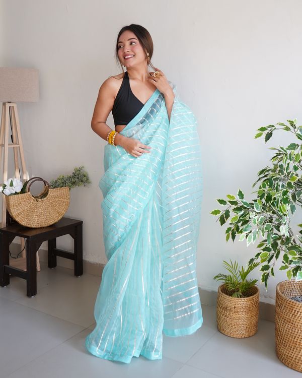 Sky Blue Silver Gota Embroidery Work Organza Saree