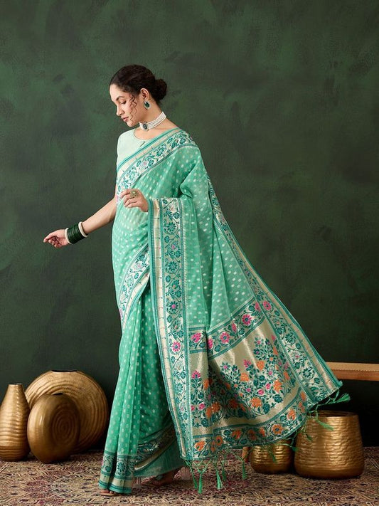 Sea Green Poly Cotton Wevon Designer Indian Rich Cultural Looks Saree