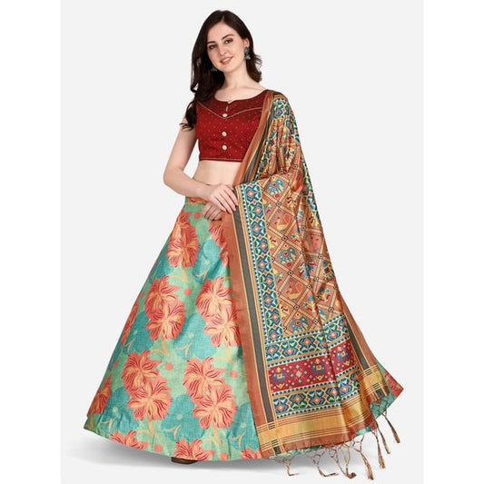 Digital Print Satin Silk Fabric Stitched Lehenga Choli With Jequared Blouse and Assami Silk Thread Work Dupatta For Women and Girls In Festive Party And Traditional Wear