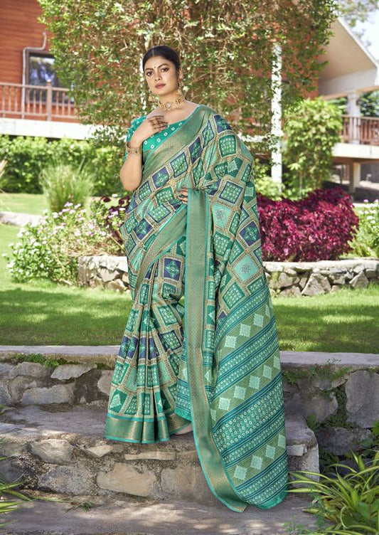 Rama Wevon Border Designer With Printed Kalamkari Silk Saree