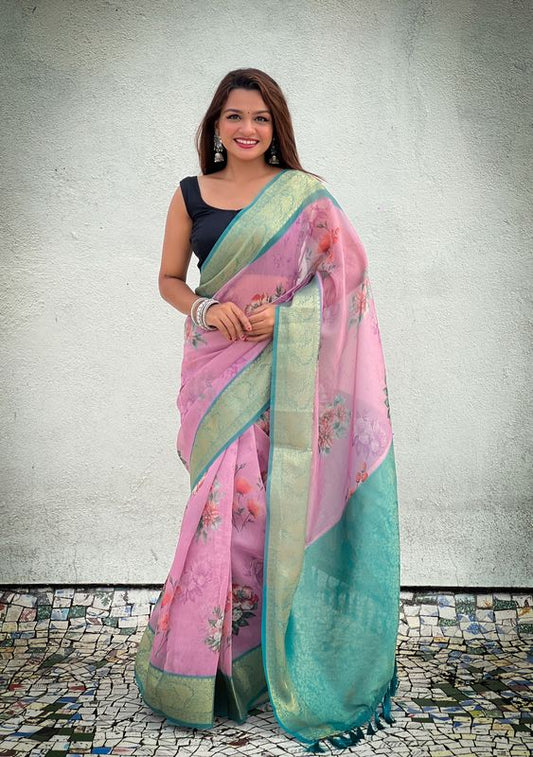 Pink Color Crush Tissue Fabric Glamorous Wevon Designer Saree With Floral Printed Body