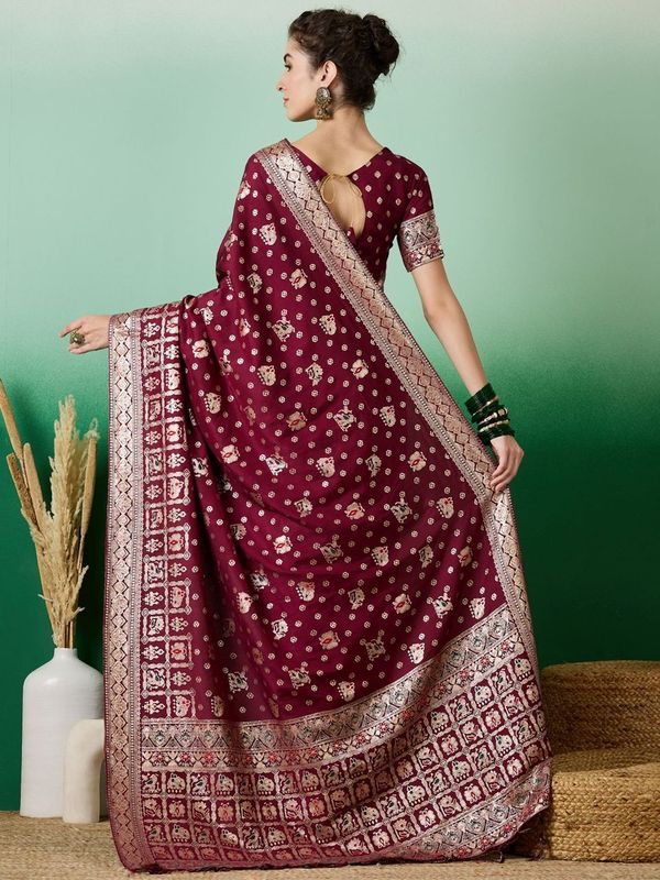 Wine Wevon Jacquard Designer Staple Dola Cotton Saree