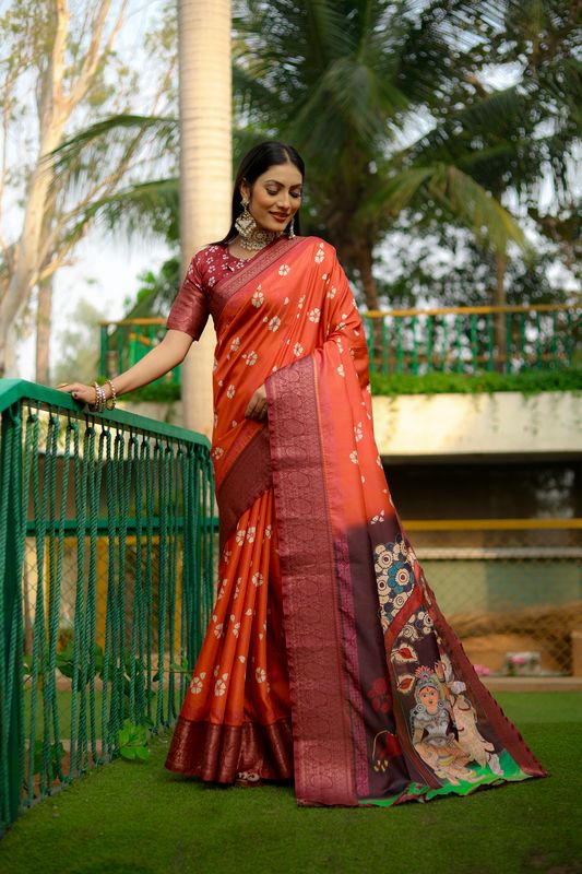 Orange Wevon Border & Kalamkari Digital Printed Dola Silk Saree