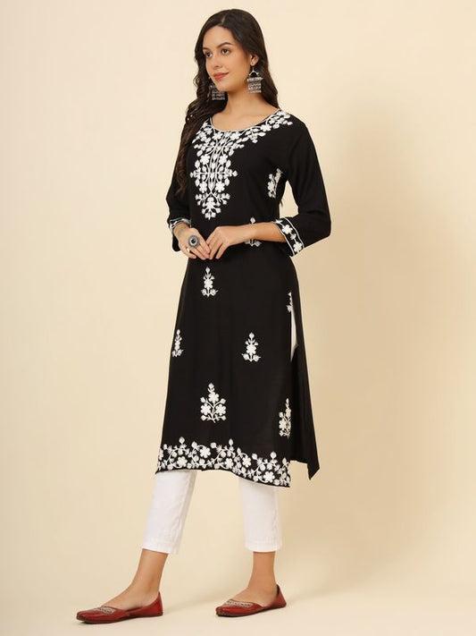 Black Liva Rayon Chickenkari Thread Embroidery Work Formal Looks Indian Ethnic Kurta