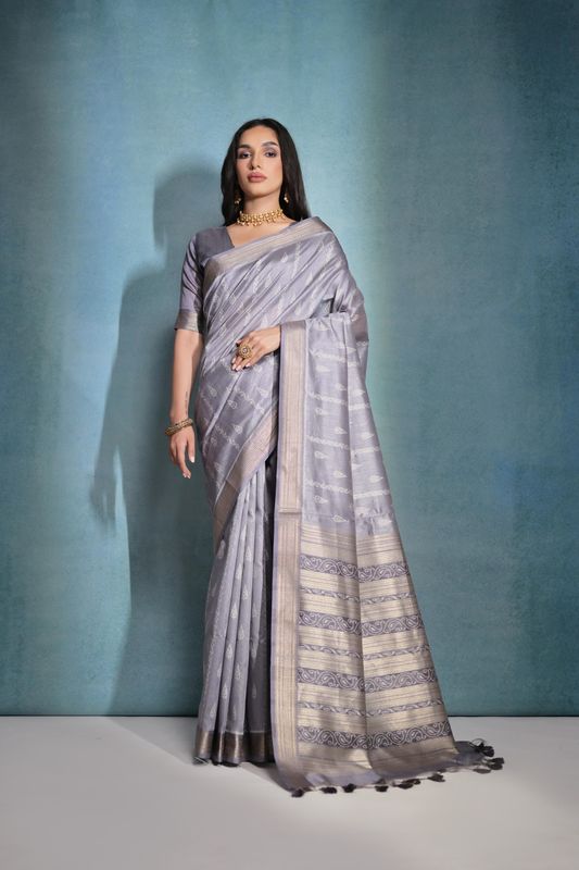 Grey Weaving Ikkat Designer Tusser Silk Saree