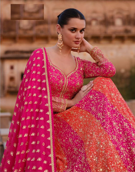 Pink Georgette Designer Embroidery Work Heavy Wedding Ceremonial Attire For Glamorous Diva Looks