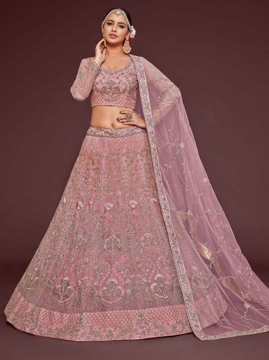 Pearl Pink Women's Soft Net Embroidery Lehenga Choli