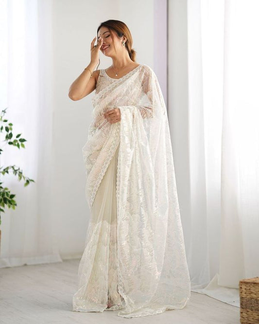 Cream Heavy Sequance Embroidery Work Mono Net Saree