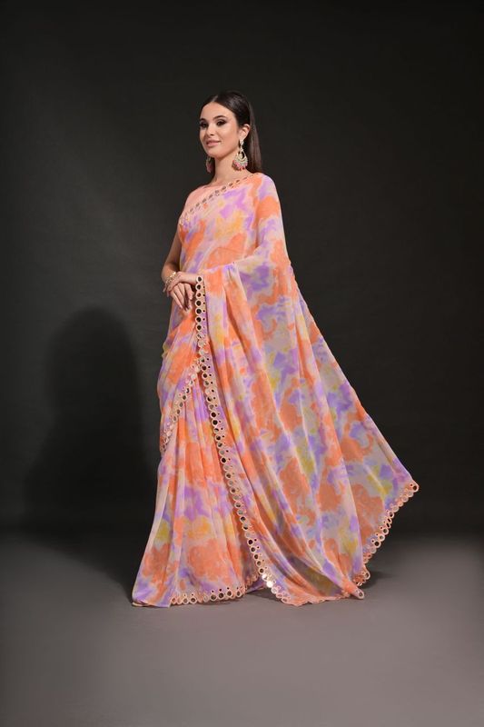 Orange Prizam Printed & Mirror Work Lace Border Georgette Saree