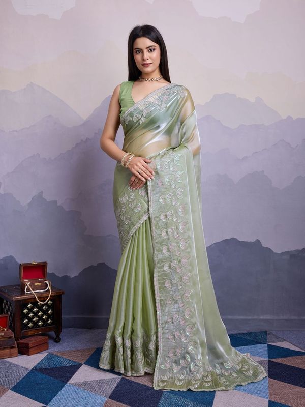 Pista Thread & Sequance Embroidery Work Jimmi Silk Saree