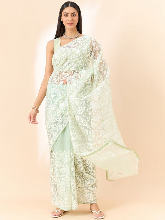 Green Designer Thread Embroidery Work Organza Saree