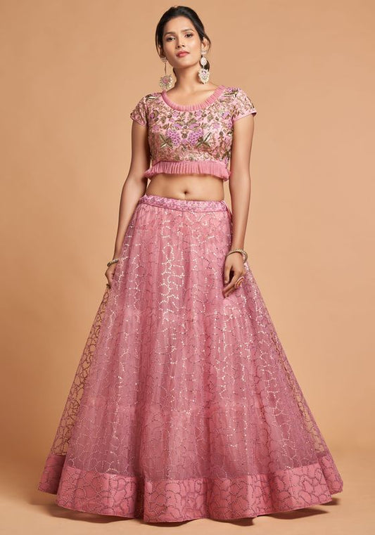 Blush Pink Women's Soft Net Embroidery Lehenga Choli