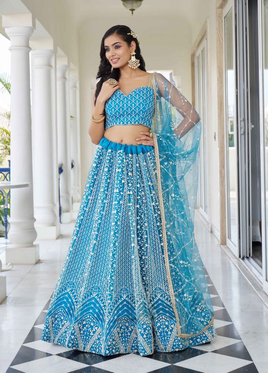 Sky Blue Color Net Fabric Lahenga With Sequins And Thread Embroidery Work