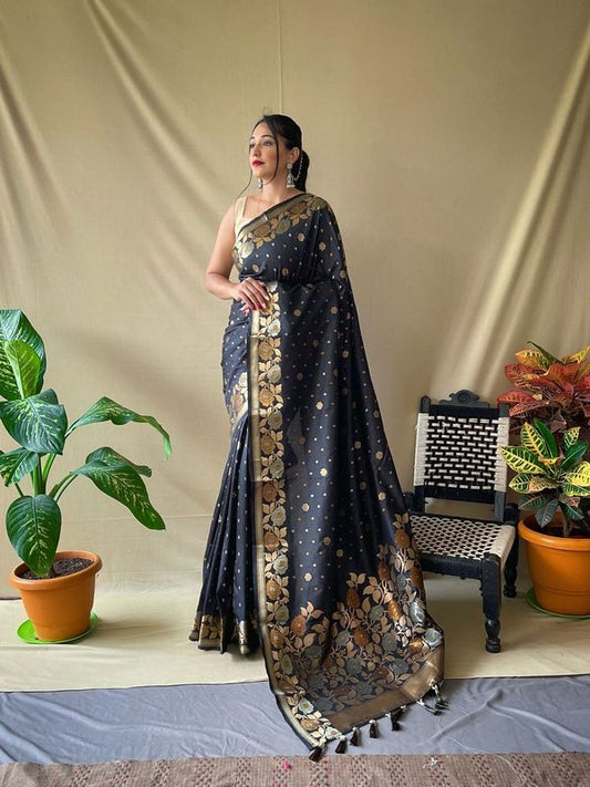 Black Weaving Jacquard Jari Designer Soft Silk Saree