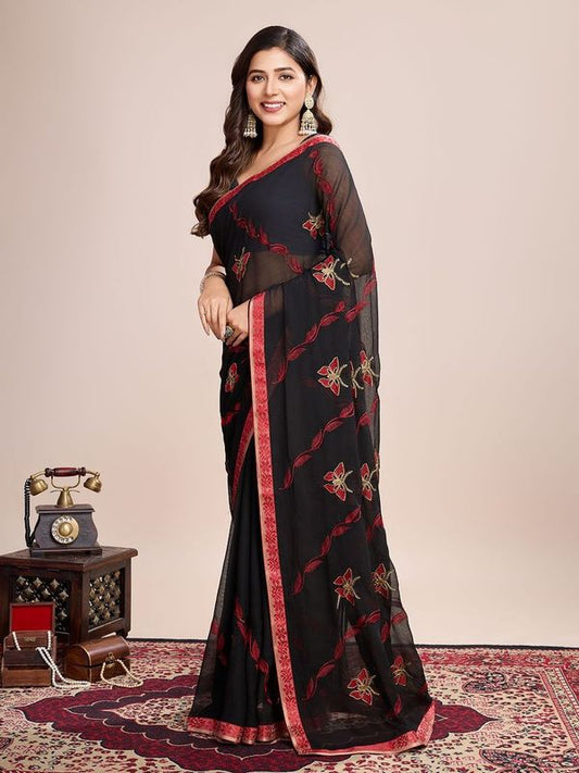 Black Designer Embroidery Work Georgette Saree