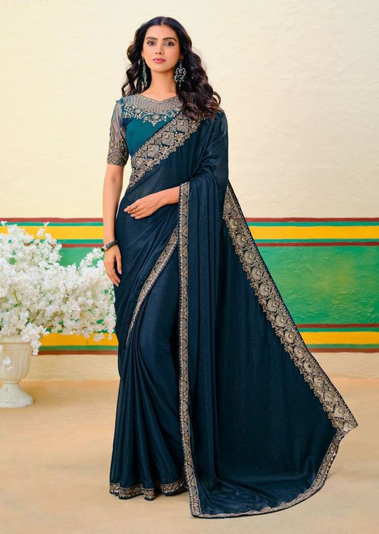 Peacock Blue Wevon Designer & Embroidery Work Georgette Jari Saree