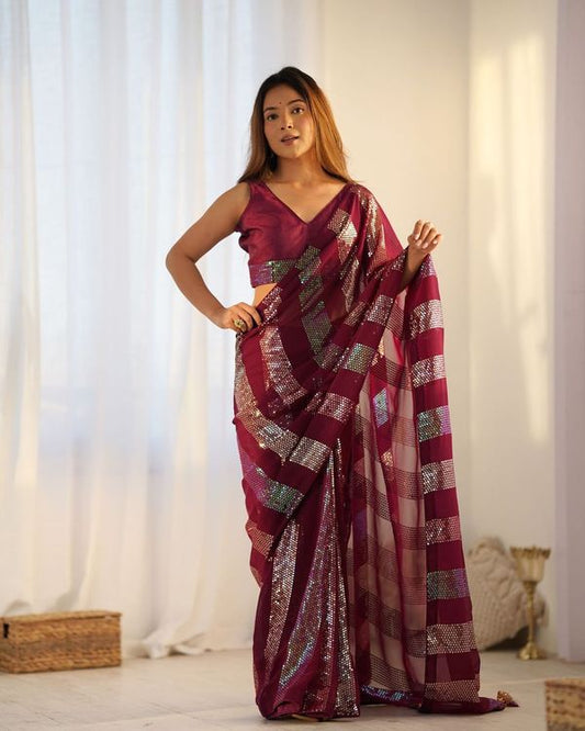 Maroon Designer Sequance Embroidery Work Georgette Saree