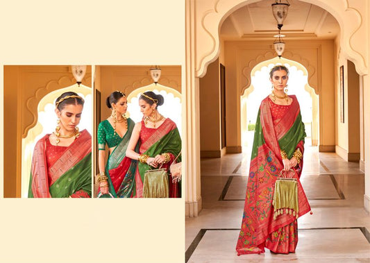 Green & Red Wevon Designer & Printed P V Silk Saree