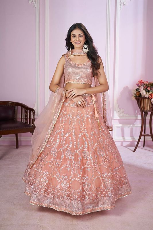 Pink Women's Soft Net Embroidery Lehenga Choli