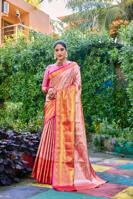 Peach Heavy Wevon Designer Banarasi Handloom Silk Saree