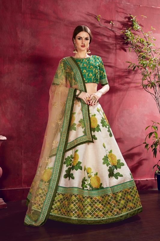 Cream and Green Women's Heavy Banglori Silk Embroidery Lehenga Choli